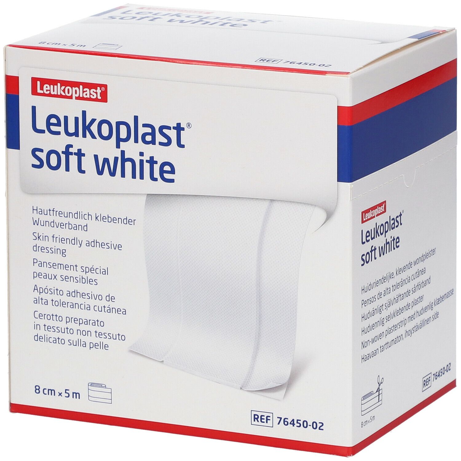 Witte Leukoplast® Soft White verband, 8 cm x 5 m, in doos. Opschriften: productnaam, afmetingen, productbeschrijving.