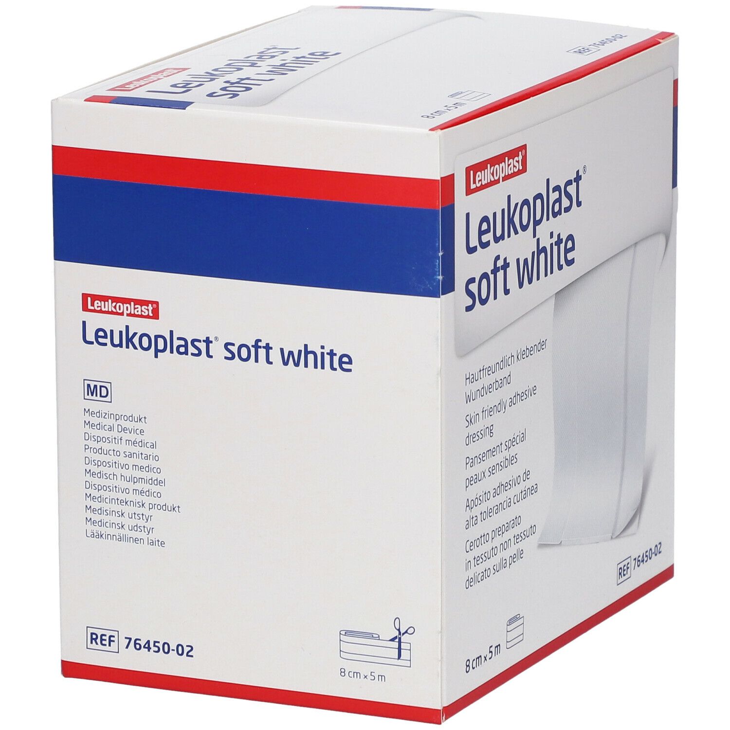 Leukoplast® Soft White verband in doos. Opschriften: productnaam, afmetingen, beschrijving, MD-markering.