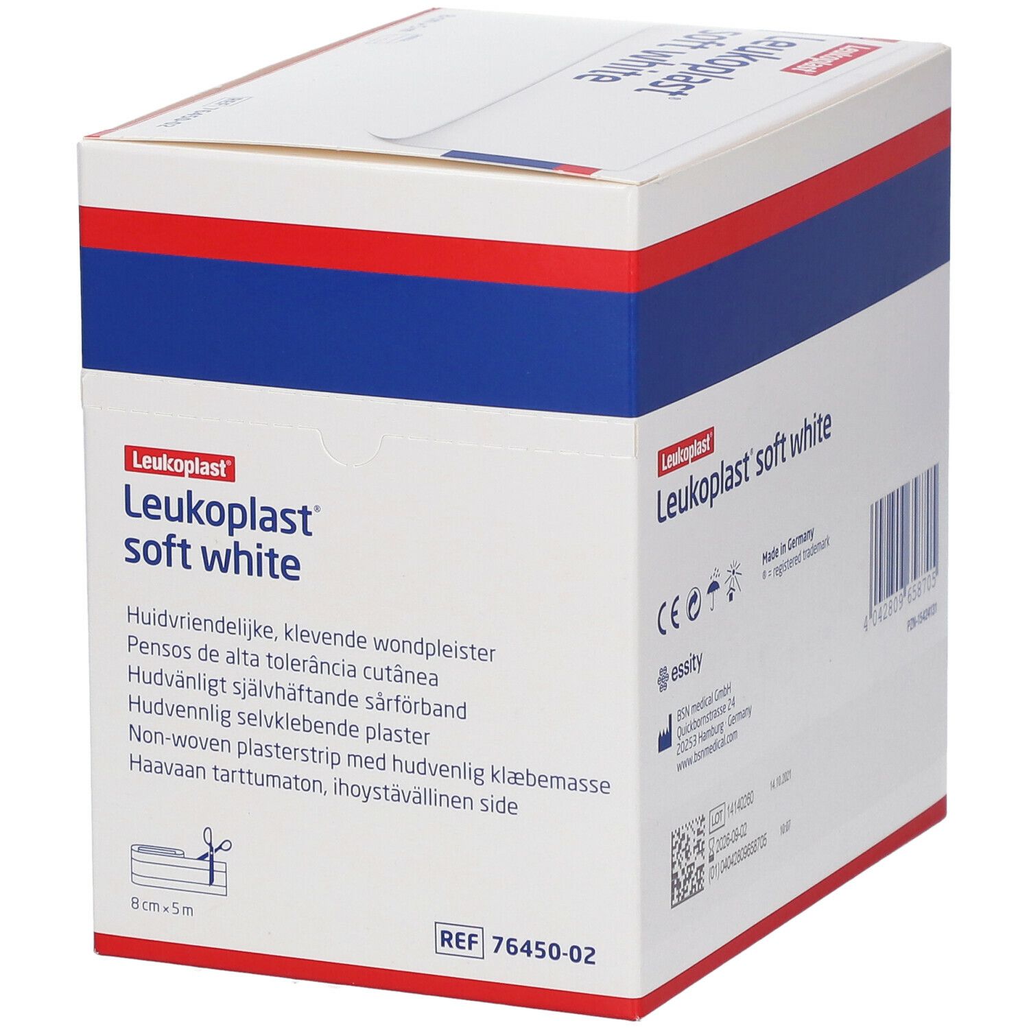 Leukoplast® Soft White verband in doos. Opschriften: productnaam, afmetingen, beschrijving, CE-markering.
