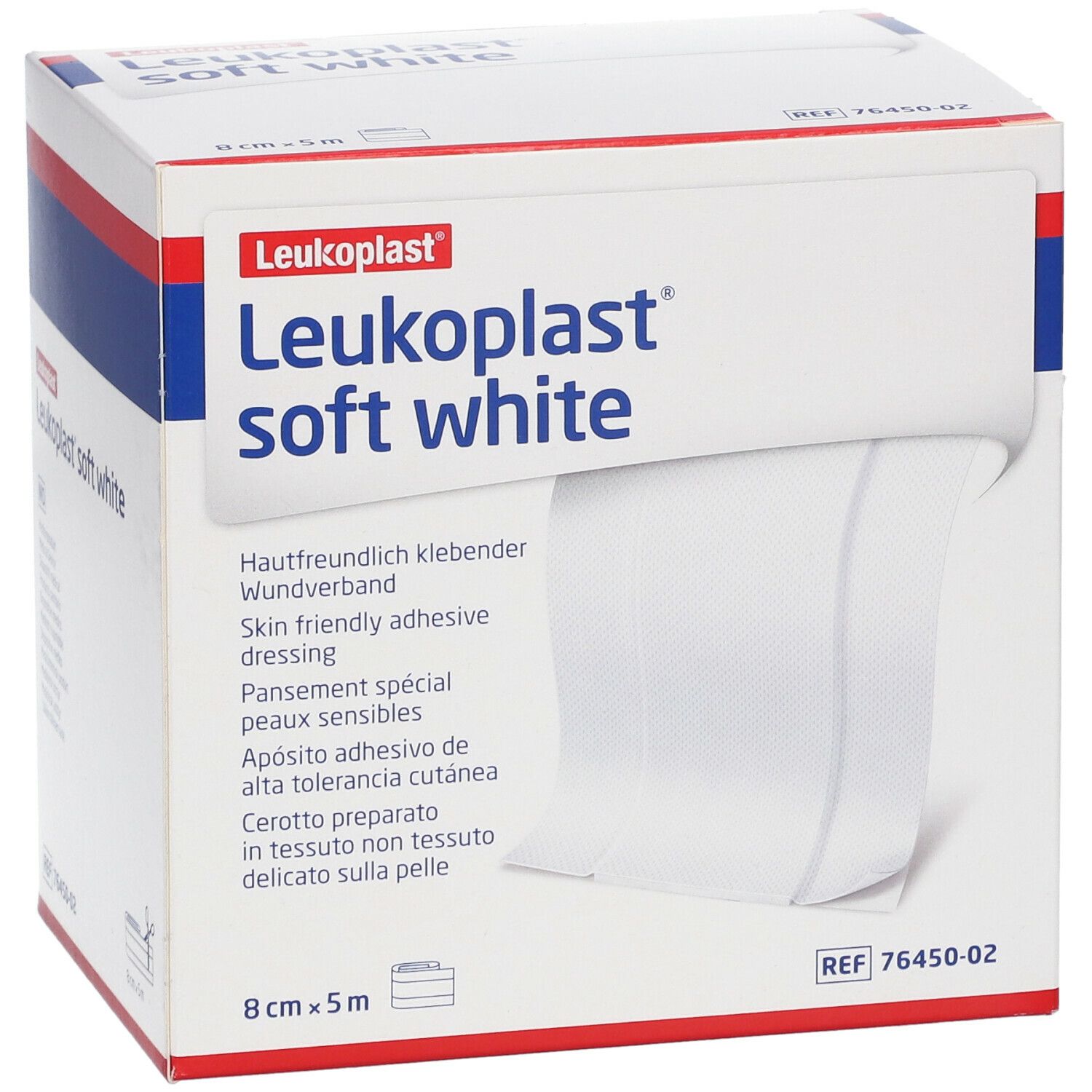Witte Leukoplast® Soft White verband, 8 cm x 5 m, in doos. Opschriften: productnaam, afmetingen, productbeschrijving.