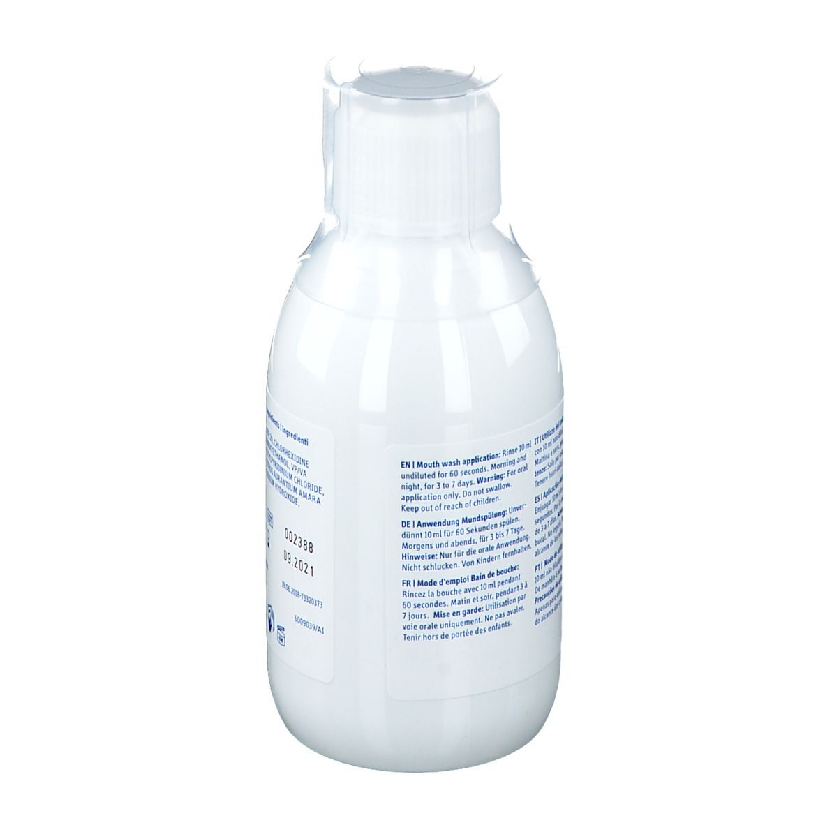 Rückseite einer weißen Flasche mit Mundspülung. Enthält Anwendungshinweise. Marke: Curaden.