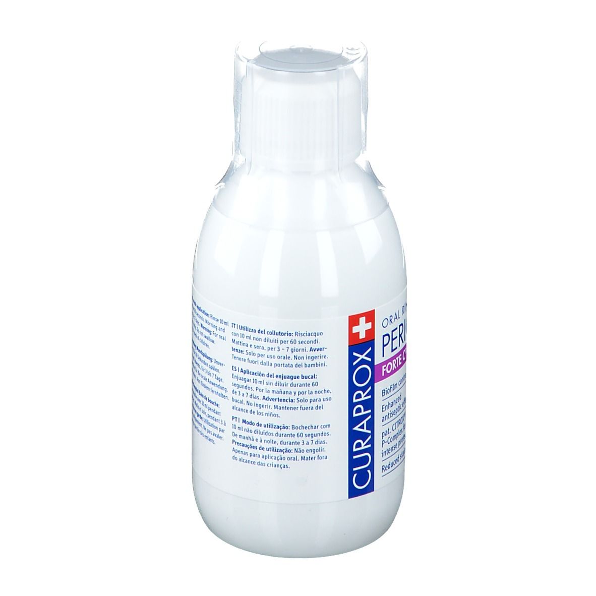 Weiße Flasche mit Mundspülung. Aufschrift: ORAL RINSE PERIOPLUS+ FORTE C-P + CHX 0.20. Marke: Curaprox.