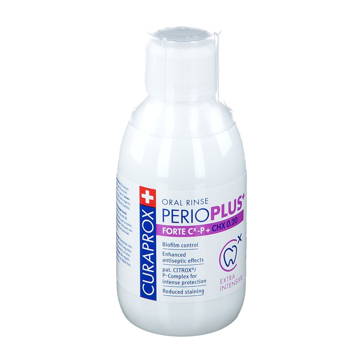 Weiße Flasche mit Mundspülung. Aufschrift: ORAL RINSE PERIOPLUS+ FORTE C-P + CHX 0.20. Marke: Curaprox.