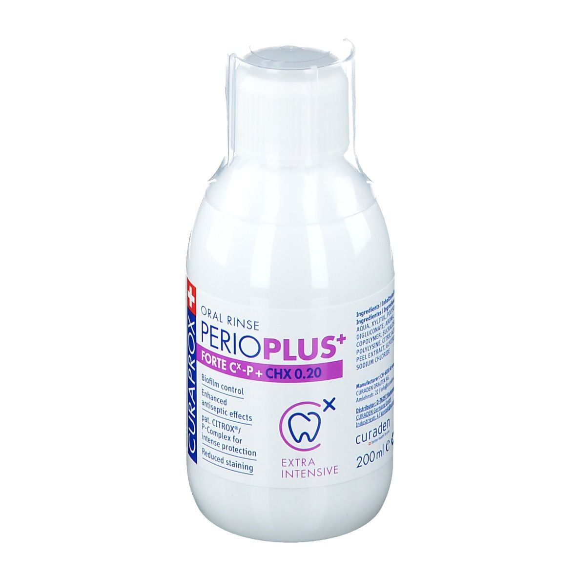 Weiße Flasche mit Mundspülung. Aufschrift: ORAL RINSE PERIOPLUS+ FORTE C-P + CHX 0.20. Marke: Curaprox.