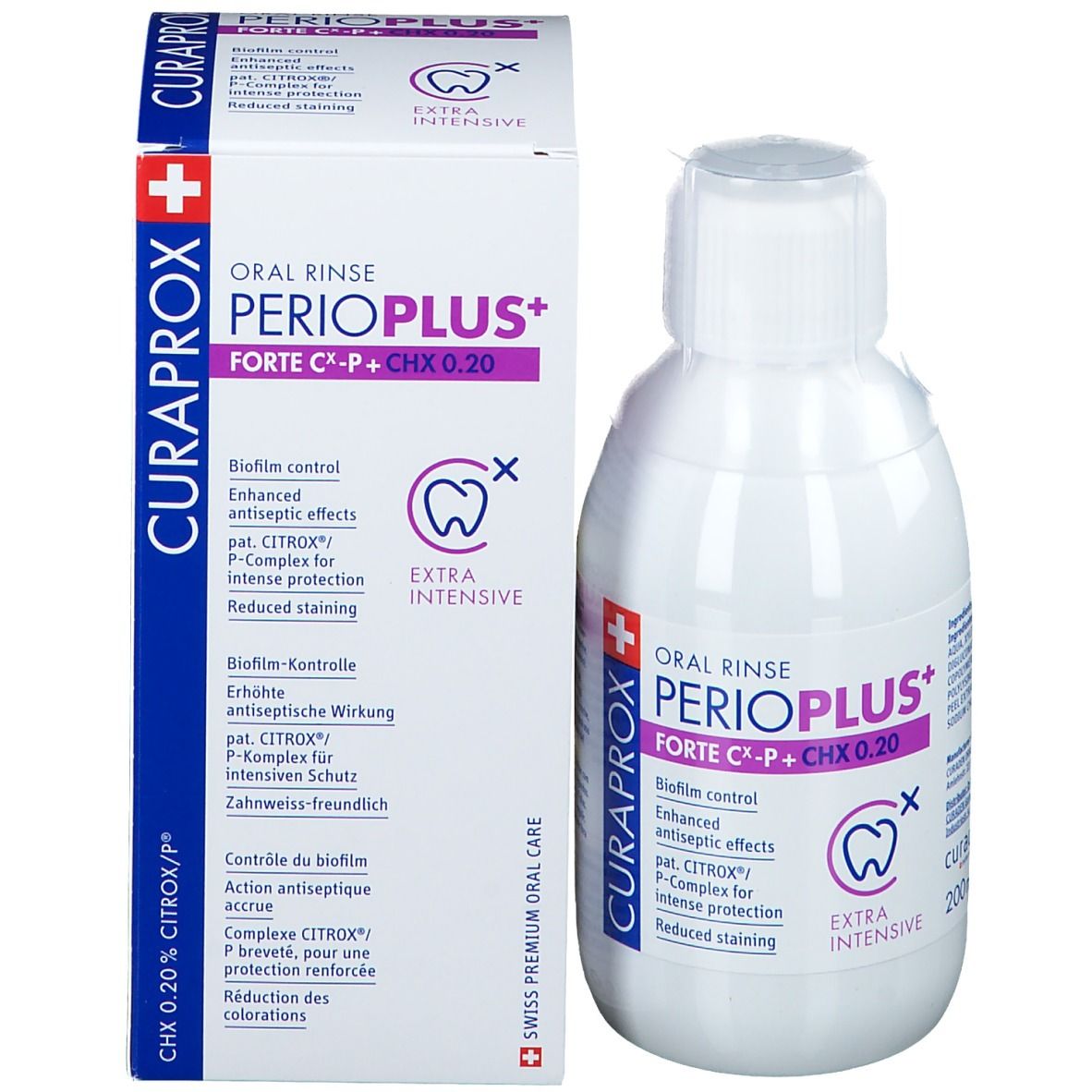 Produktverpackung und Flasche mit Mundspülung. Aufschrift: ORAL RINSE PERIOPLUS+ FORTE C-P + CHX 0.20. Marke: Curaprox.