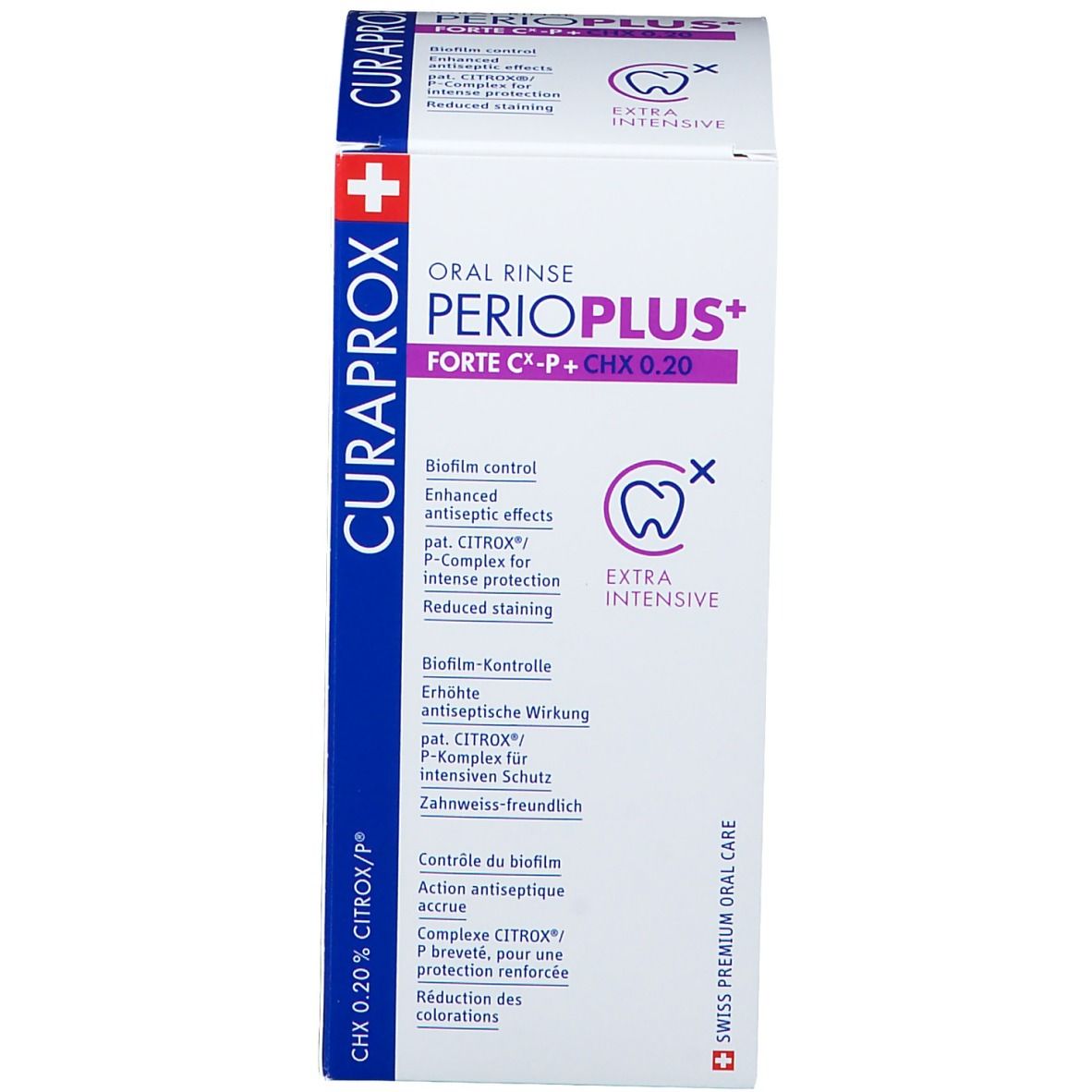 Produktverpackung mit Aufschrift: ORAL RINSE PERIOPLUS+ FORTE C-P + CHX 0.20. Marke: Curaprox.