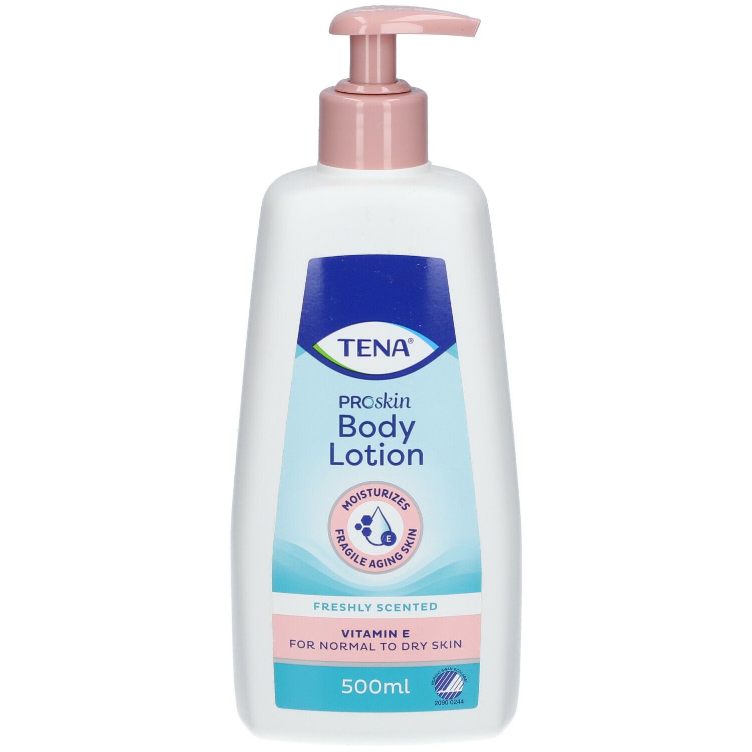 Flacon blanc avec pompe rose. Étiquettes bleues avec texte: TENA ProSkin Body Lotion, vitamine E. 500ml.