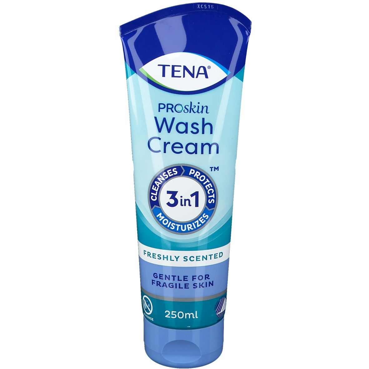 Tube de crème lavante TENA ProSkin. Bleu et blanc. Texte "3en1" et "250ml". Parfum frais, doux pour peaux fragiles.