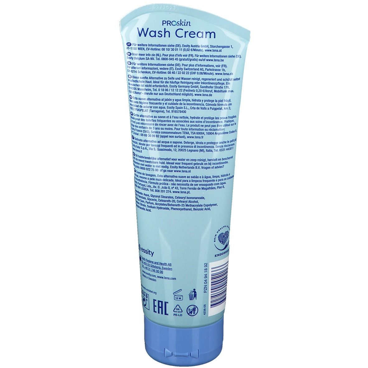 Dos du tube de crème lavante TENA ProSkin. Texte multilingue. Ingrédients et informations fabricant.