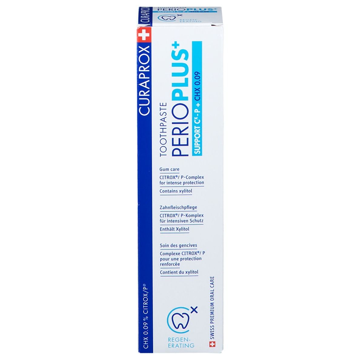 Boîte de dentifrice, blanche et bleue. Inscription : Perio Plus+, CHX 0,09 %. Marque Curaprox. Texte en allemand.