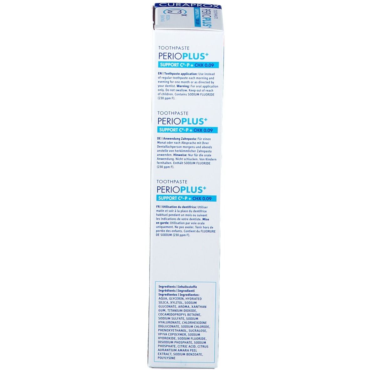 Boîte de dentifrice, dos. Texte multilingue. Marque Perio Plus+. Fond blanc.