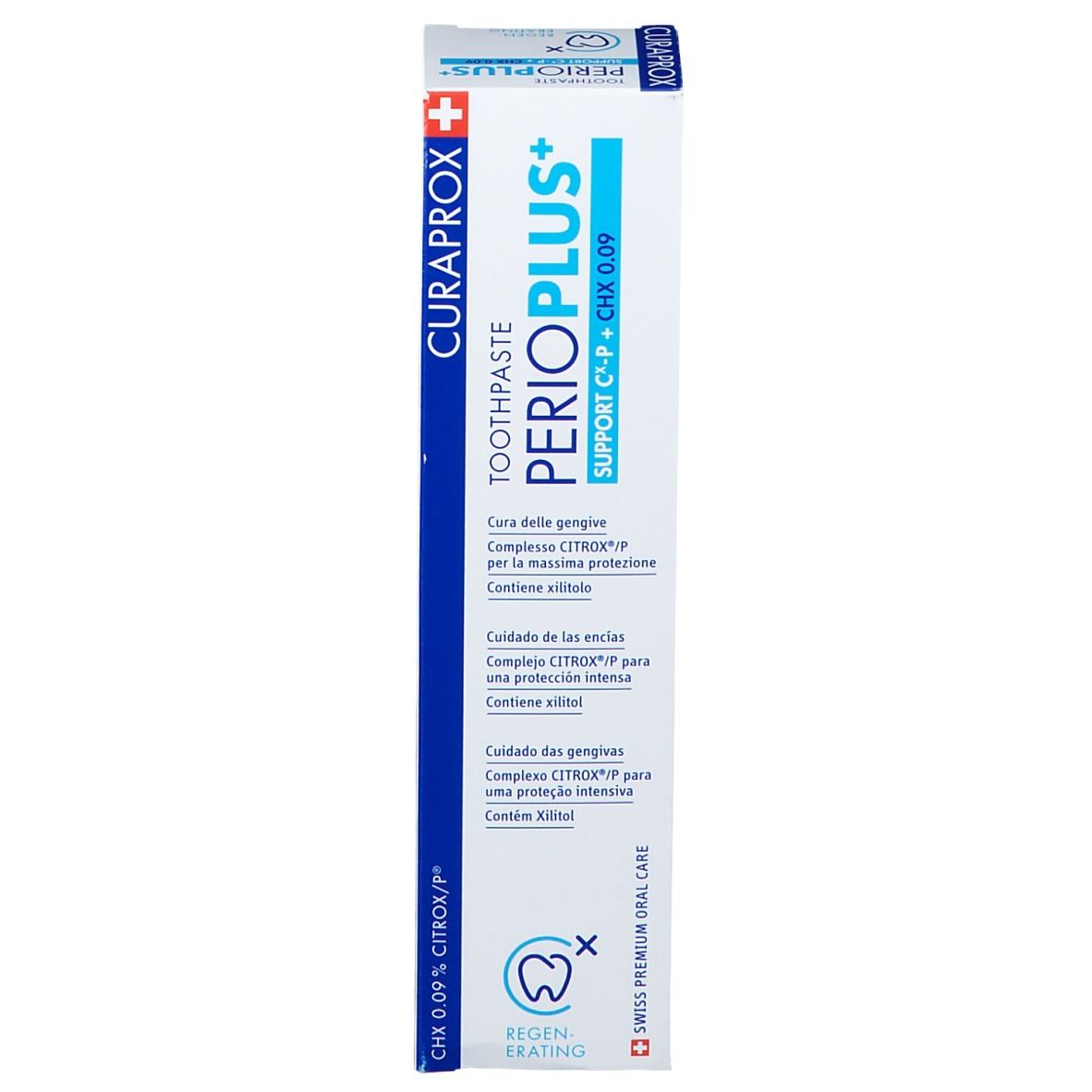 Boîte de dentifrice, côté. Inscription : Perio Plus+, CHX 0,09 %. Marque Curaprox. Texte en italien.