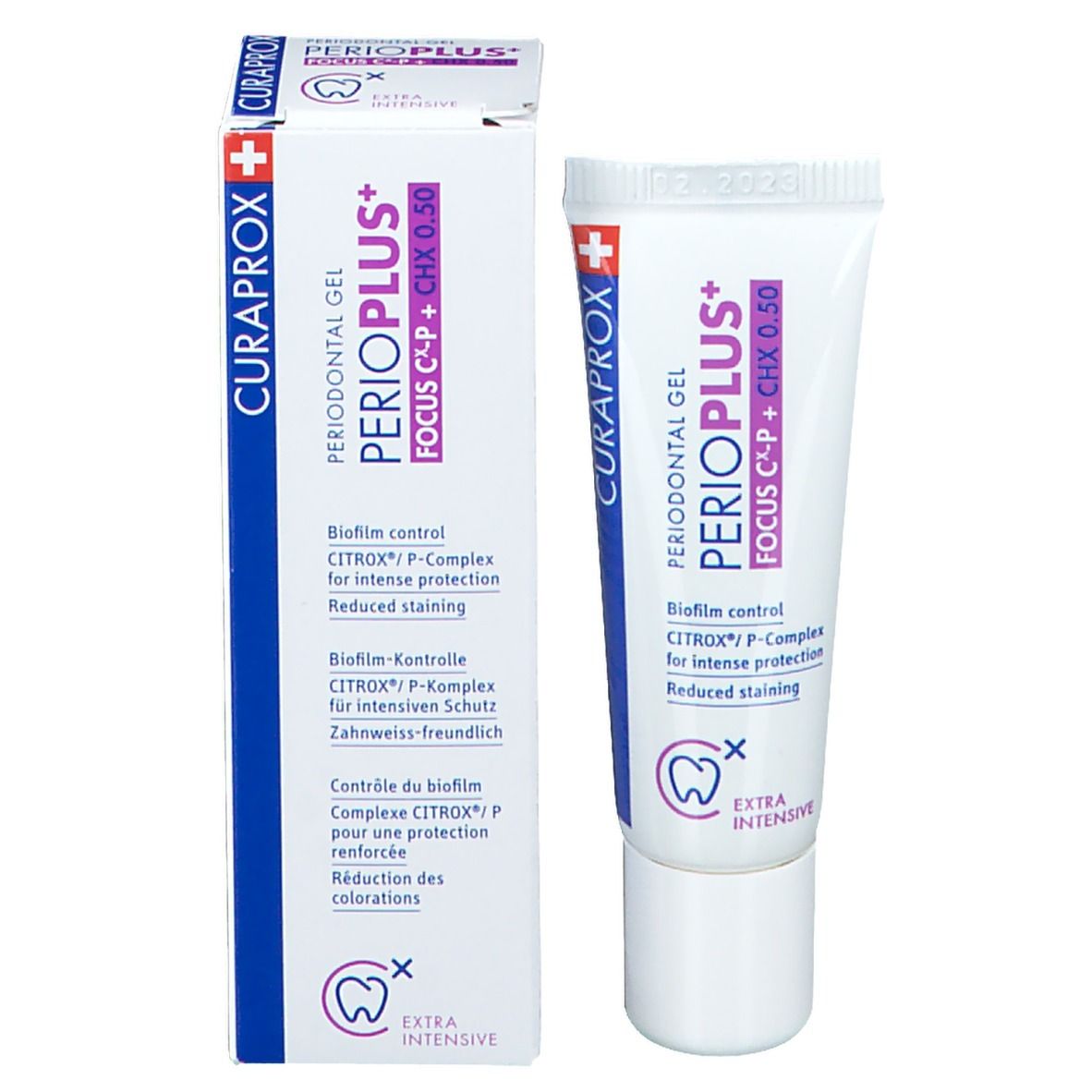 Tandvleesgel en verpakking. Witte tube en doos met blauwe en rode tekst. Merk Curaprox.