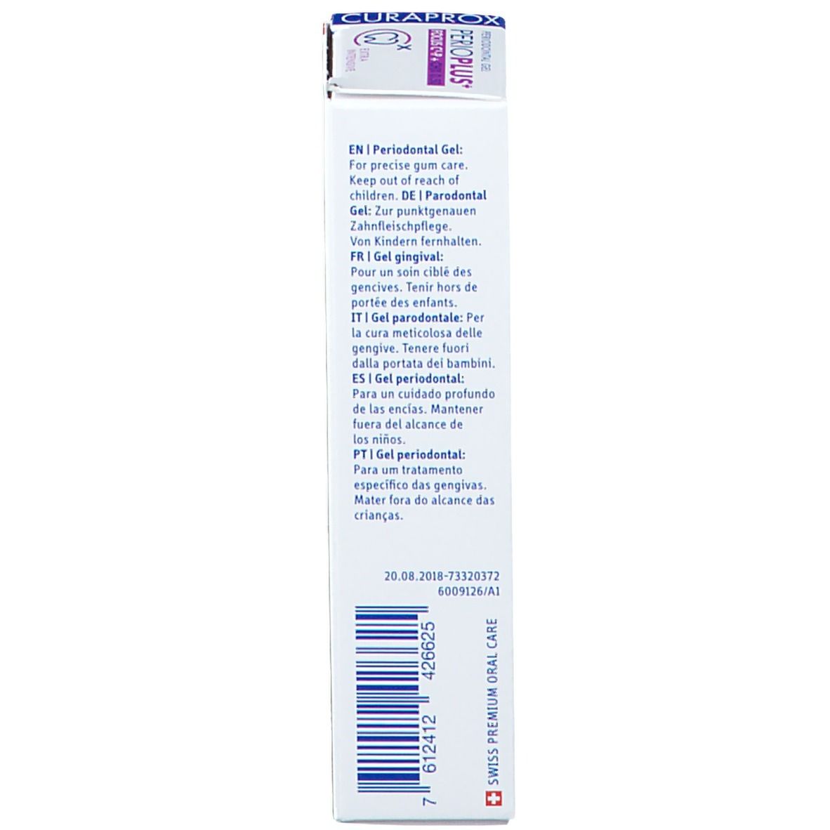 Zijkant van de verpakking met informatie in meerdere talen. Merk Curaprox.