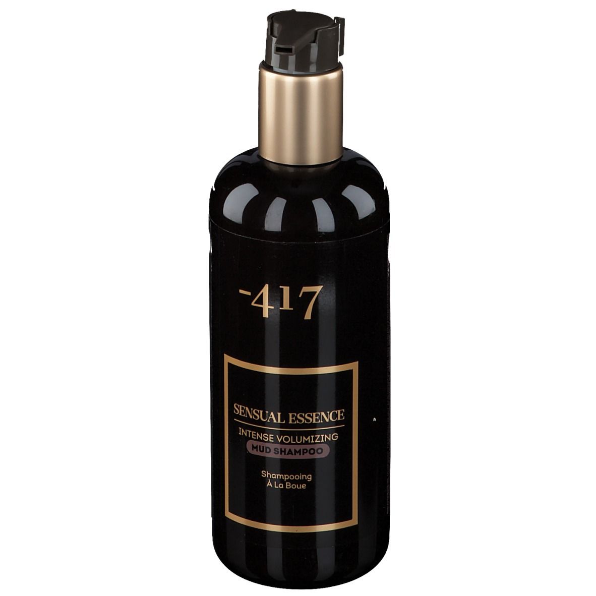 Schwarze Flasche mit Pumpe. Aufschrift: -417, Sensual Essence, Intense Volumizing Mud Shampoo.
