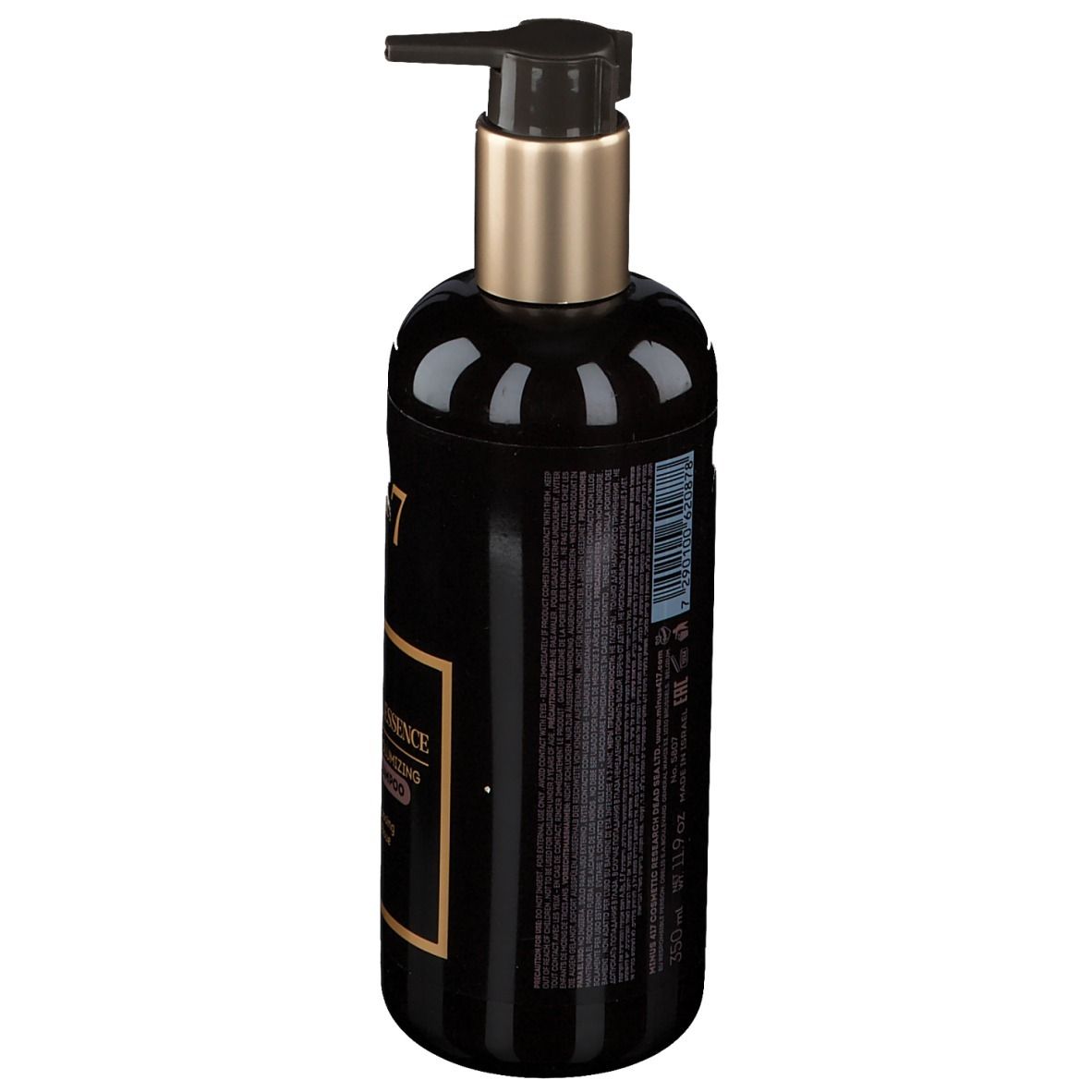 Schwarze Flasche mit Pumpe. Aufschrift: -417, Sensual Essence, Intense Volumizing Mud Shampoo. Rückseite mit Text.