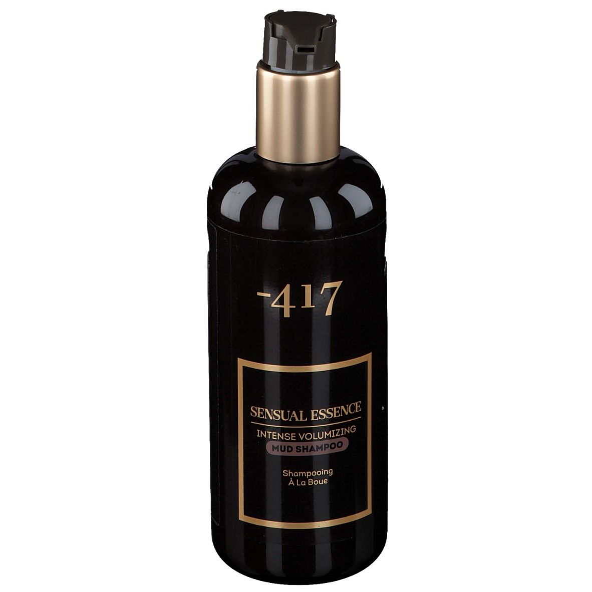 Schwarze Flasche mit Pumpe. Aufschrift: -417, Sensual Essence, Intense Volumizing Mud Shampoo.
