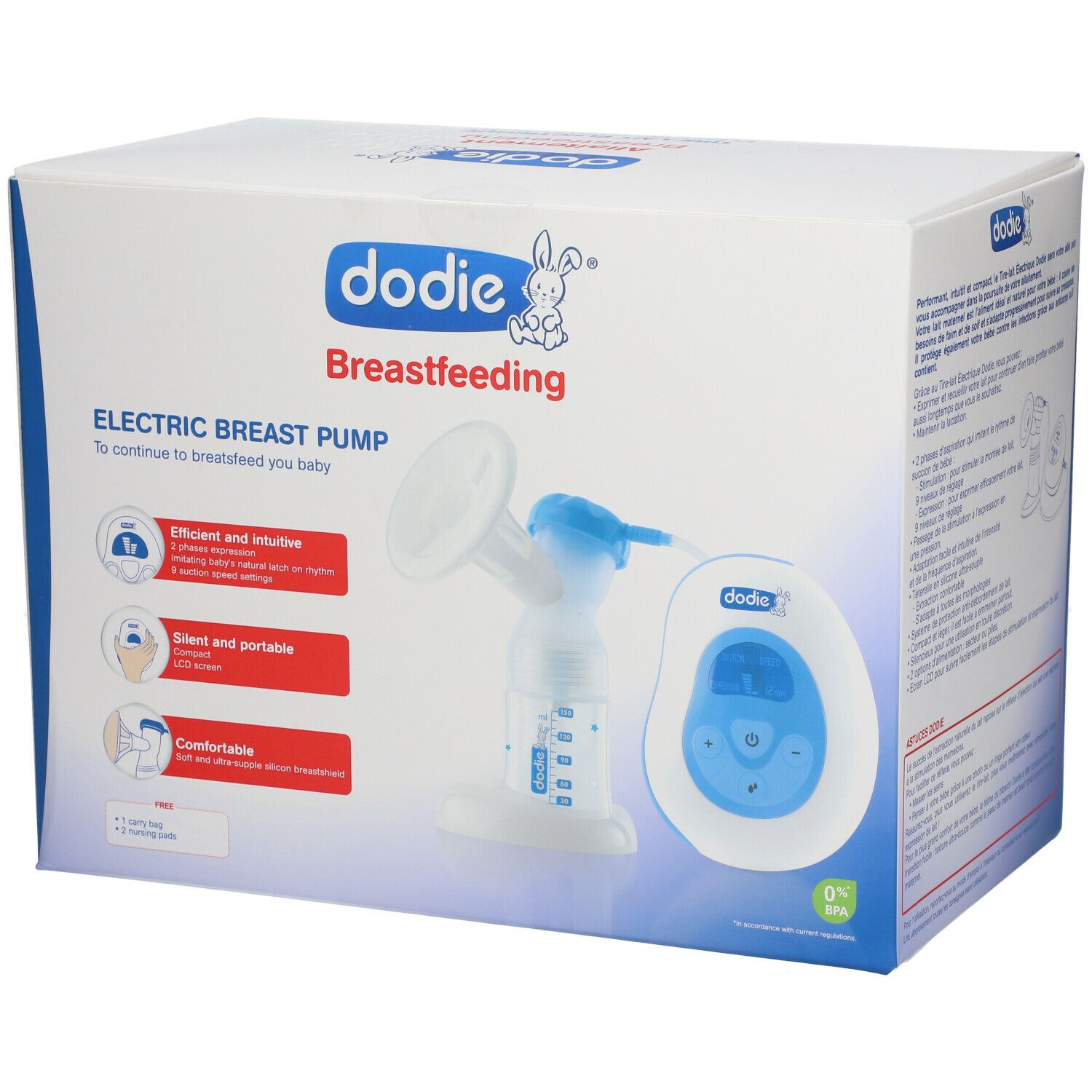 Dodie elektrische borstkolf in verpakking. Bevat pomp, fles en bedieningseenheid. Blauw-wit design.