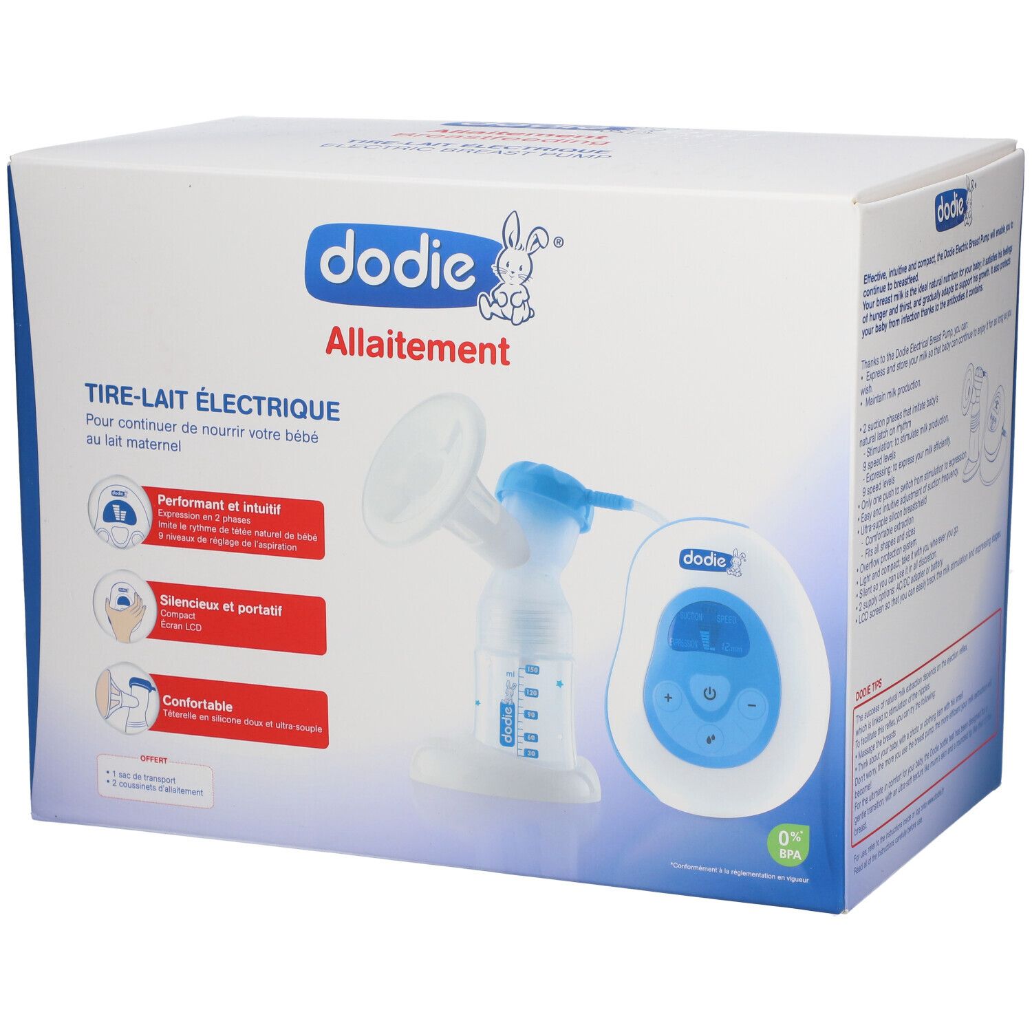 Dodie-verpakking. Franse tekst. Elektrische borstkolf. Pomp, fles en bedieningseenheid. Blauw-wit design.
