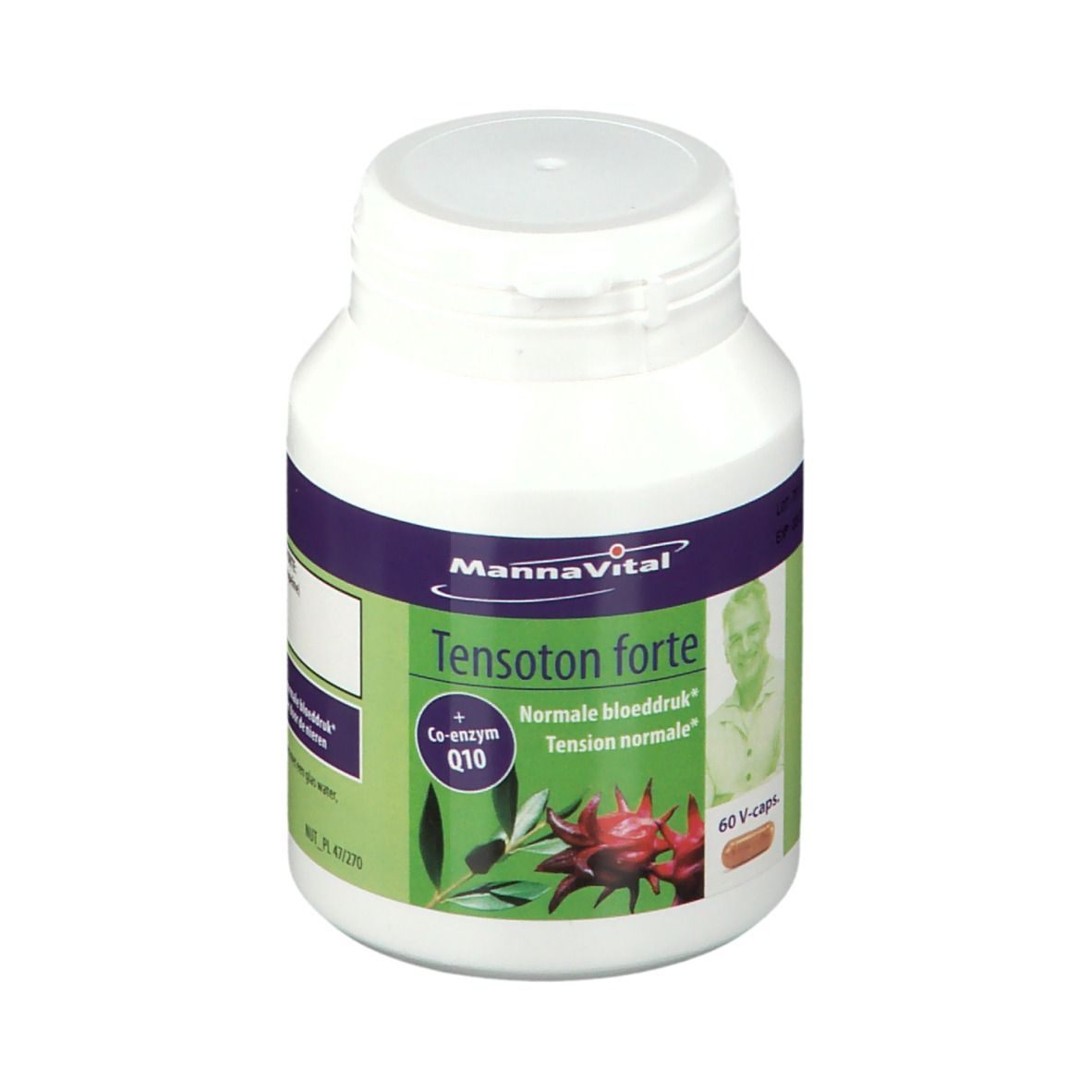 Flacon blanc Mannavital Tensoton forte. Contient 60 capsules. Inscription : Coenzyme Q10. Image d'un homme.