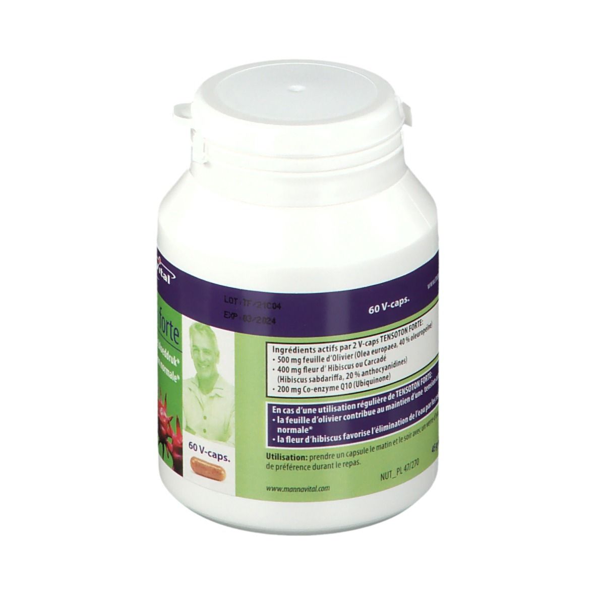 Flacon blanc Mannavital Tensoton forte. Dos avec informations sur les ingrédients. Contient 60 capsules.