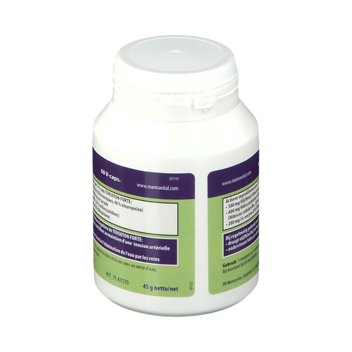 Flacon blanc Mannavital Tensoton forte. Dos avec informations sur les ingrédients. Contient 60 capsules.