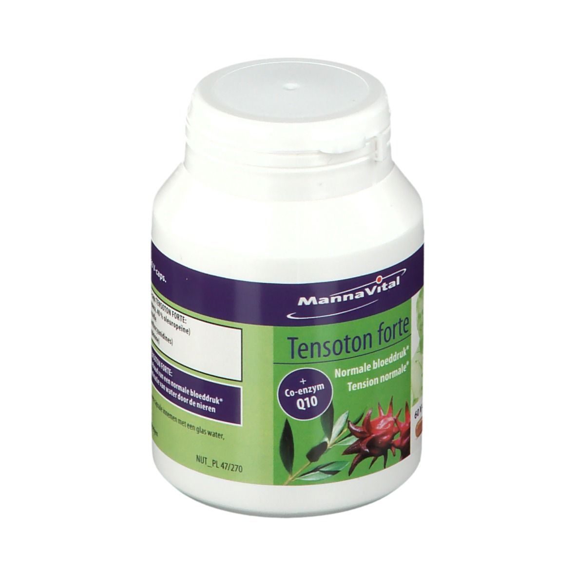 Flacon blanc Mannavital Tensoton forte. Contient 60 capsules. Inscription : Coenzyme Q10. Image d'un homme.