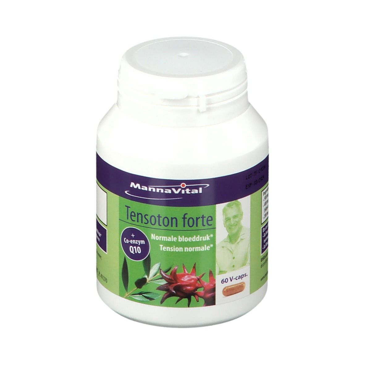 Flacon blanc Mannavital Tensoton forte. Contient 60 capsules. Inscription : Coenzyme Q10. Image d'un homme.