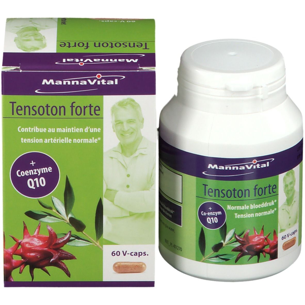 Mannavital Tensoton forte, flacon et boîte. Contient 60 capsules. Inscription : Coenzyme Q10. Image d'un homme.