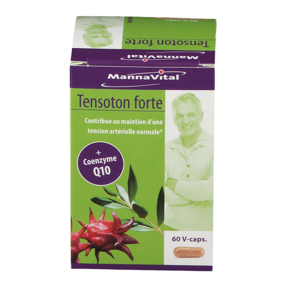Boîte verte Mannavital Tensoton forte. Contient 60 capsules. Inscription : Coenzyme Q10. Image d'un homme.