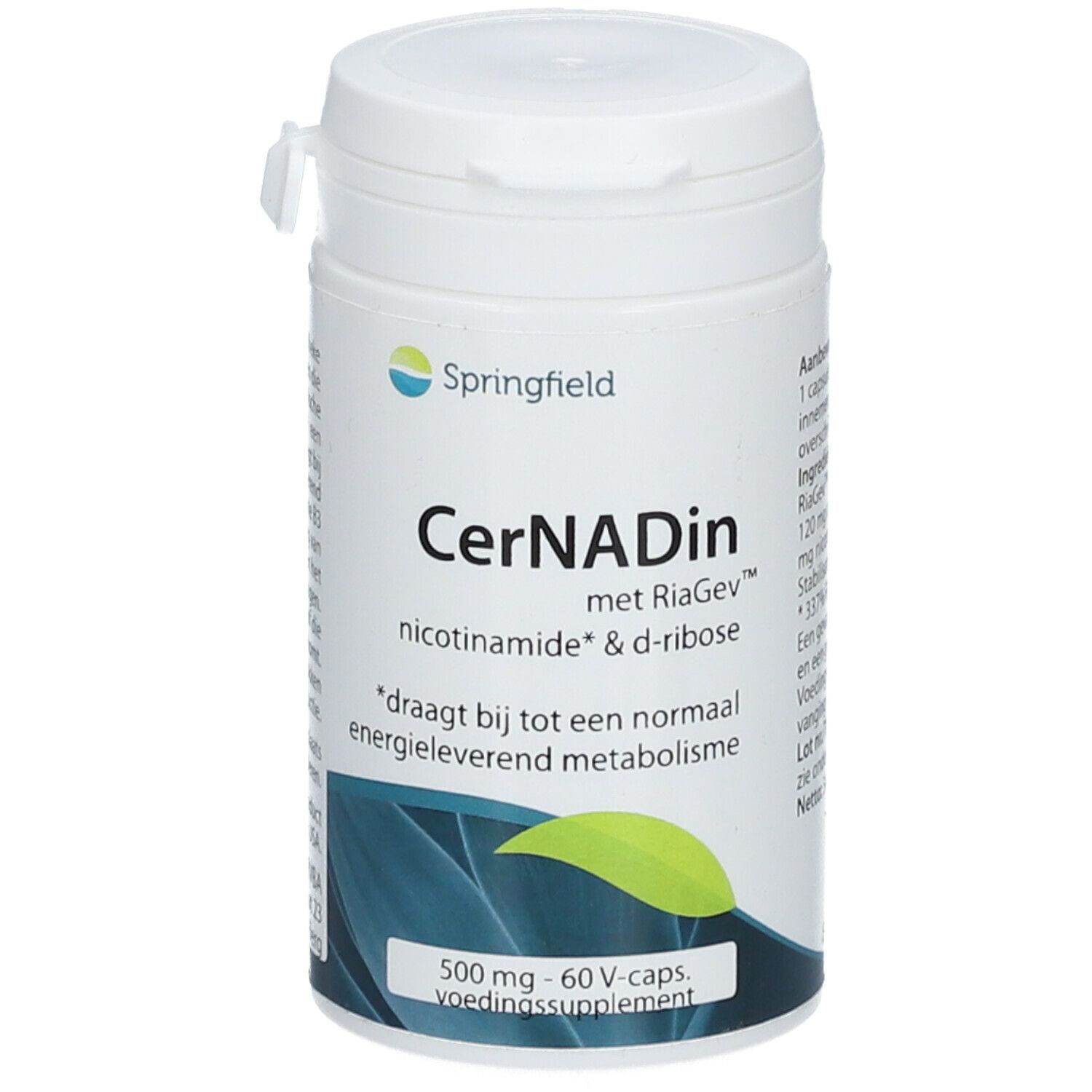 Flacon blanc avec inscription Springfield, CerNADin, Nicotinamide & D-ribose. 500 mg, 60 V-Caps. Complément alimentaire.
