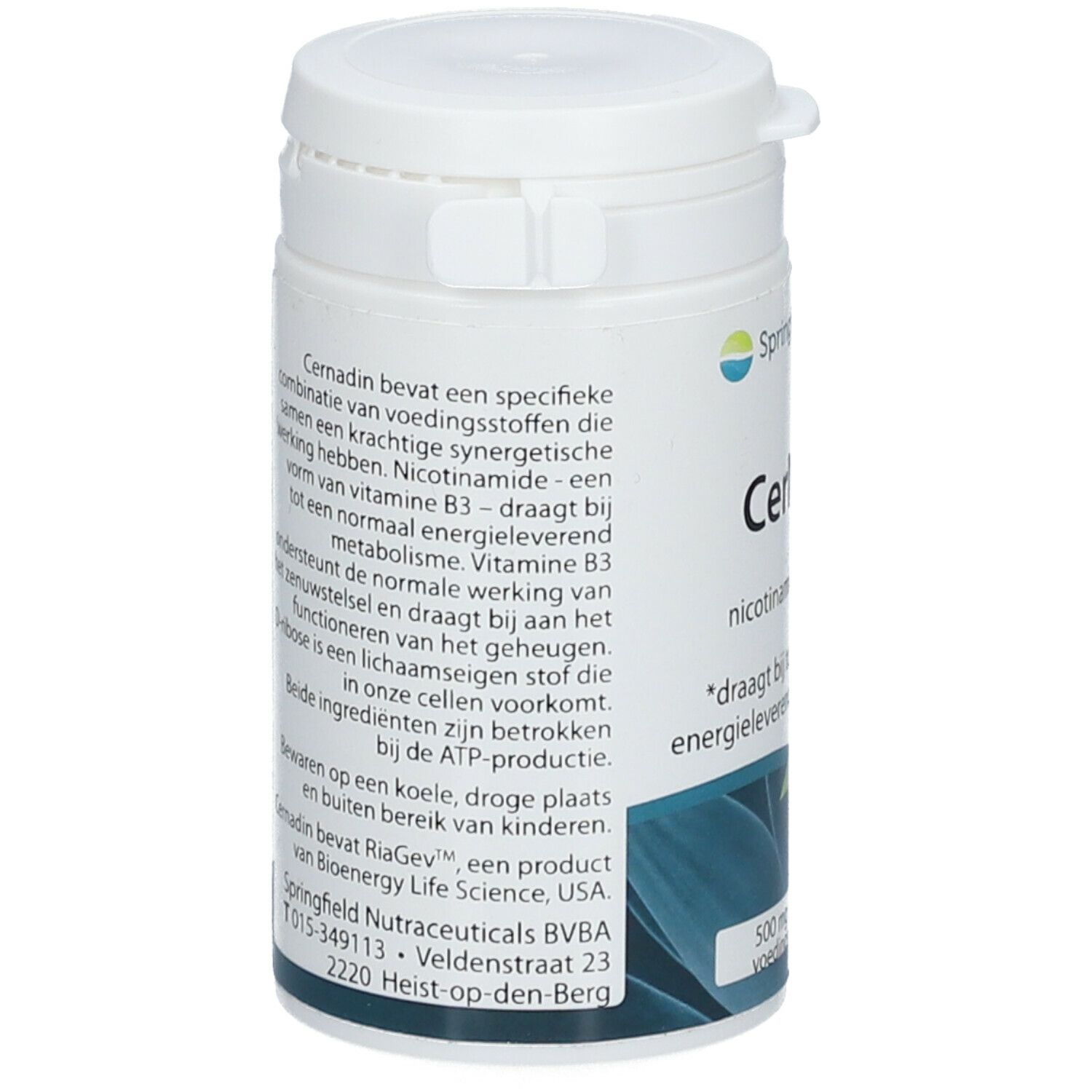 Dos du flacon blanc. Texte sur les ingrédients et le fabricant. Springfield Nutraceuticals BVBA, 2220 Heist-op-den-Berg.