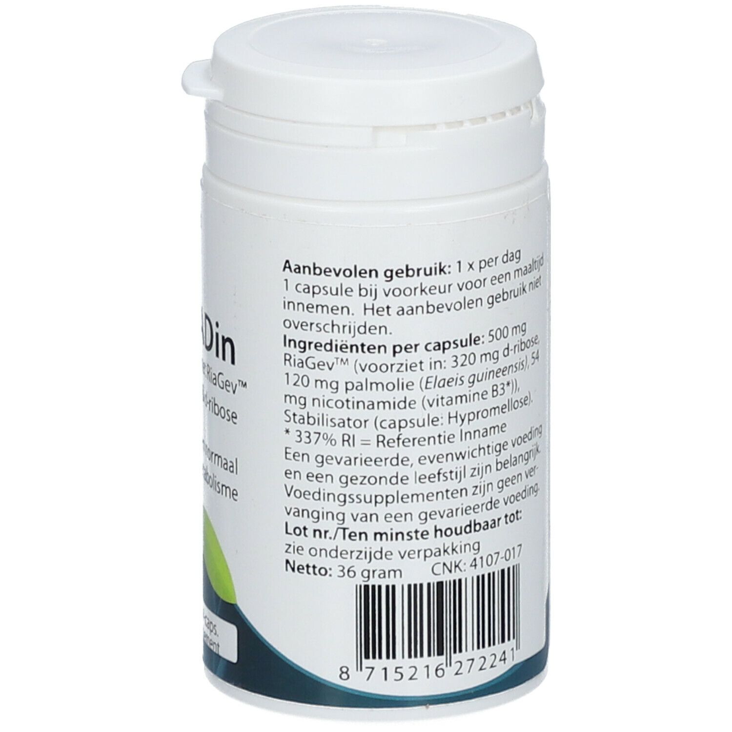 Dos du flacon blanc. Texte sur le dosage, les ingrédients et le fabricant. Poids net : 36 grammes. Numéro de lot.