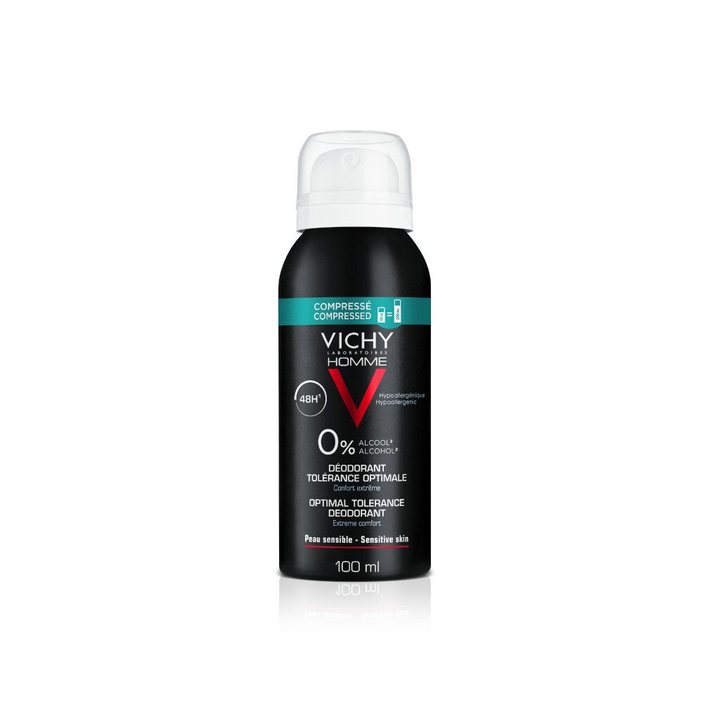 Zwarte deodorant sprayfles, witte sproeikop. Tekst: Vichy Homme, 48H, 0% alcohol. Voor gevoelige huid.