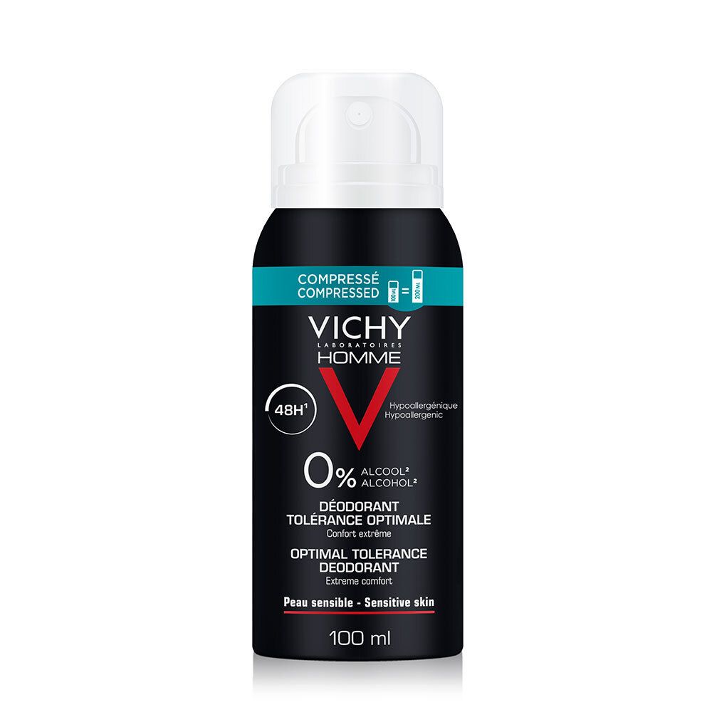 Zwarte deodorant sprayfles, witte sproeikop. Tekst: Vichy Homme, 48H, 0% alcohol. Voor gevoelige huid.