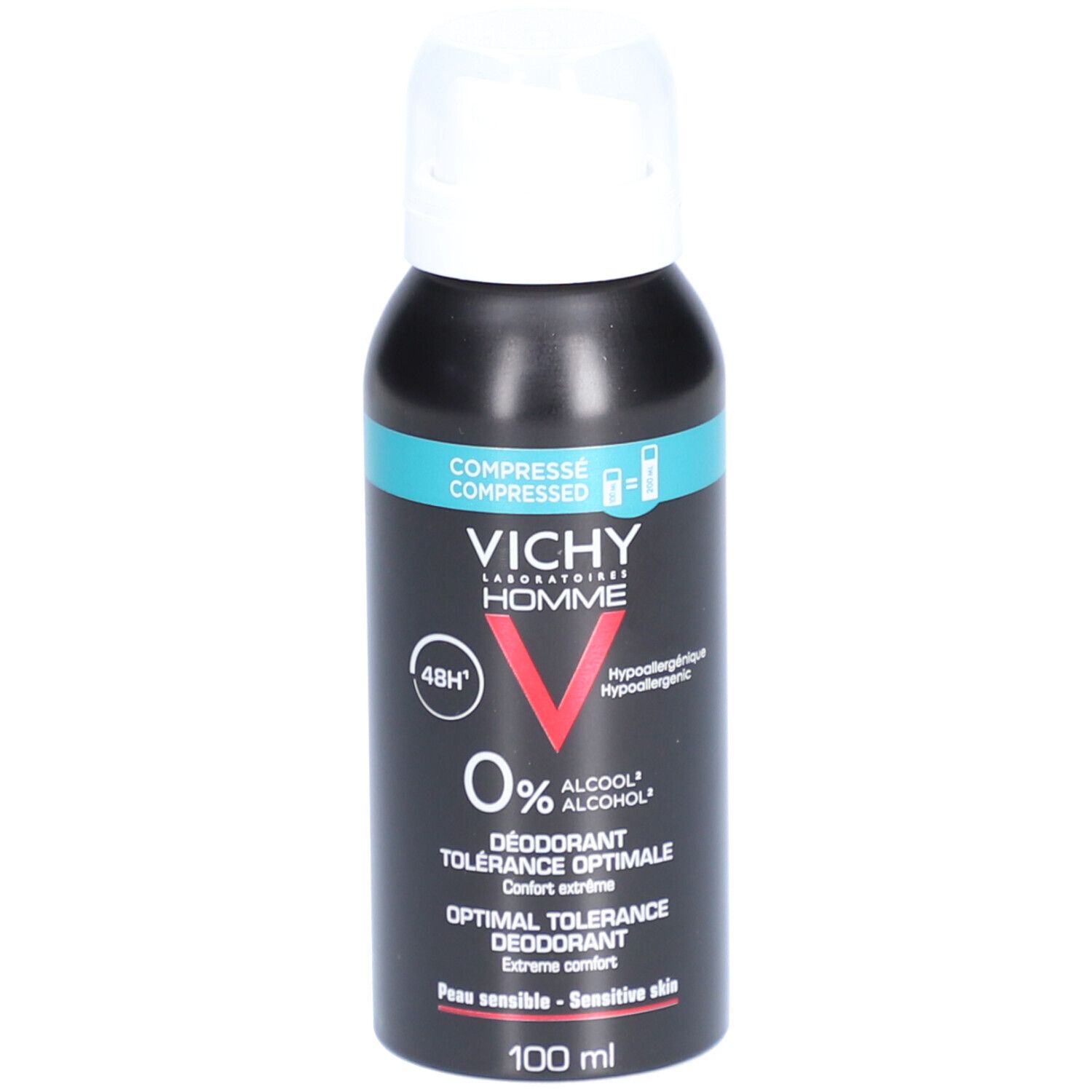 Zwarte deodorant sprayfles, witte sproeikop. Tekst: Vichy Homme, 48H, 0% alcohol. Voor gevoelige huid.