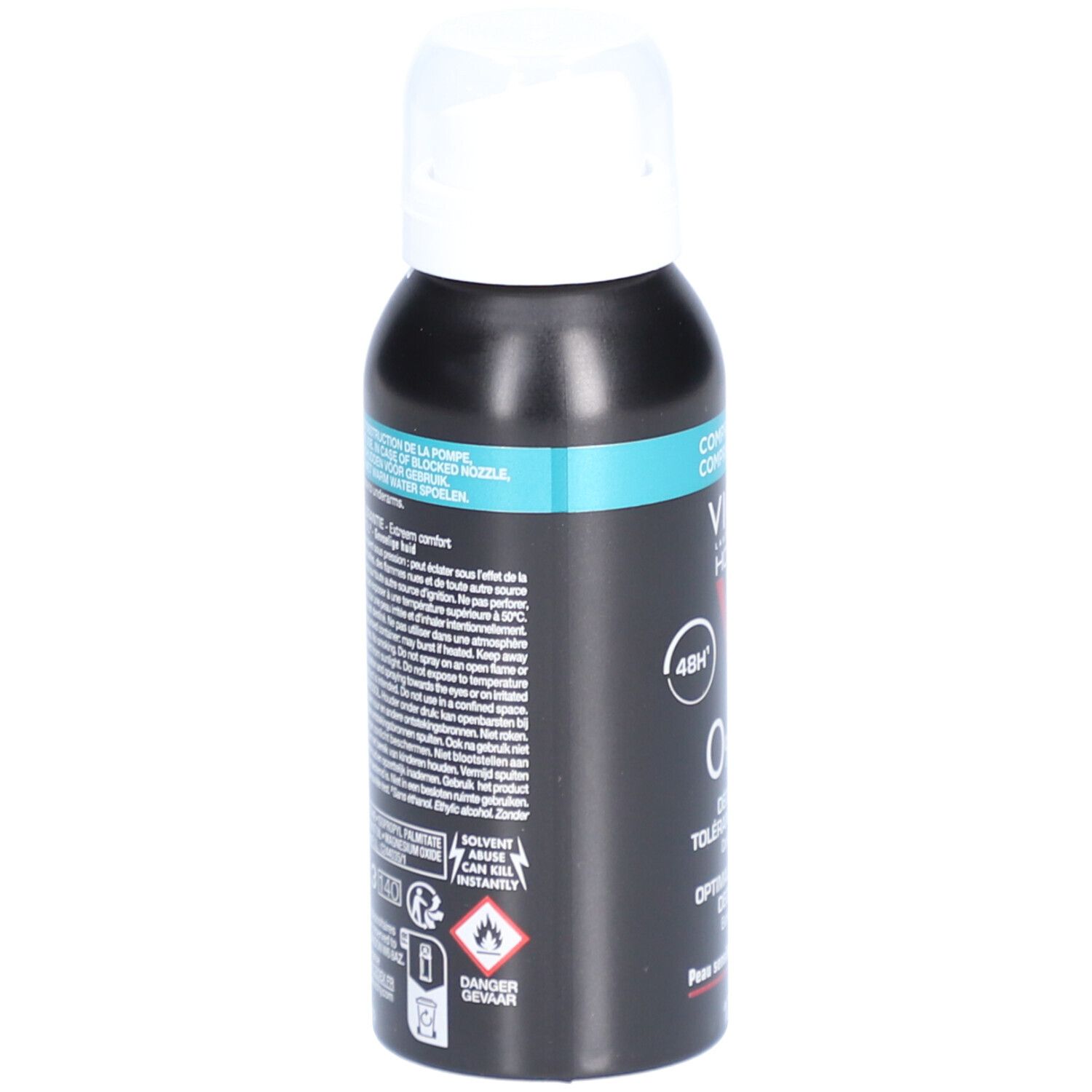 Achterkant van de deodorant sprayfles. Tekst en waarschuwingen in meerdere talen. Ingrediënten en fabrikantinfo.