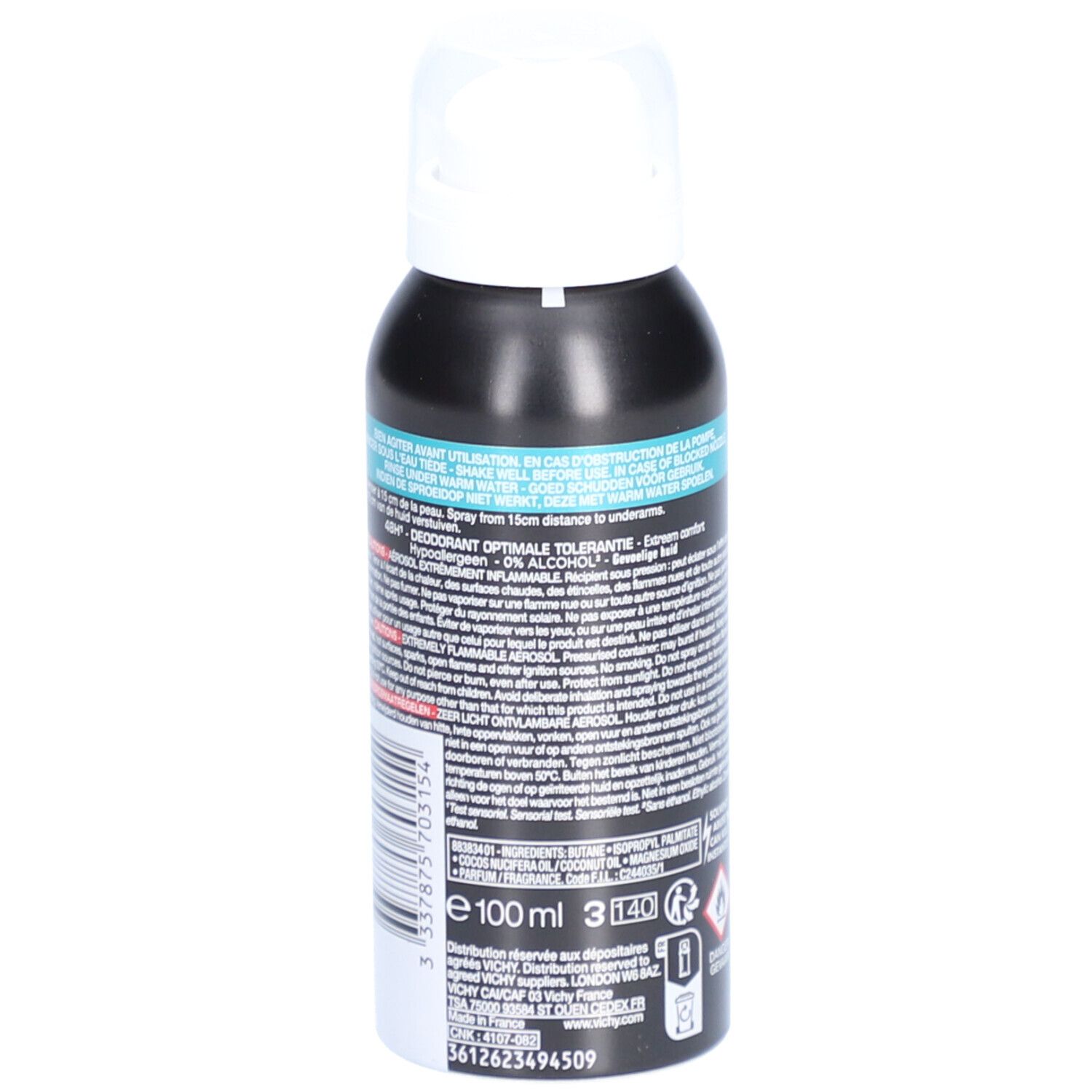 Achterkant van de deodorant sprayfles. Tekst en waarschuwingen in meerdere talen. Ingrediënten en fabrikantinfo.