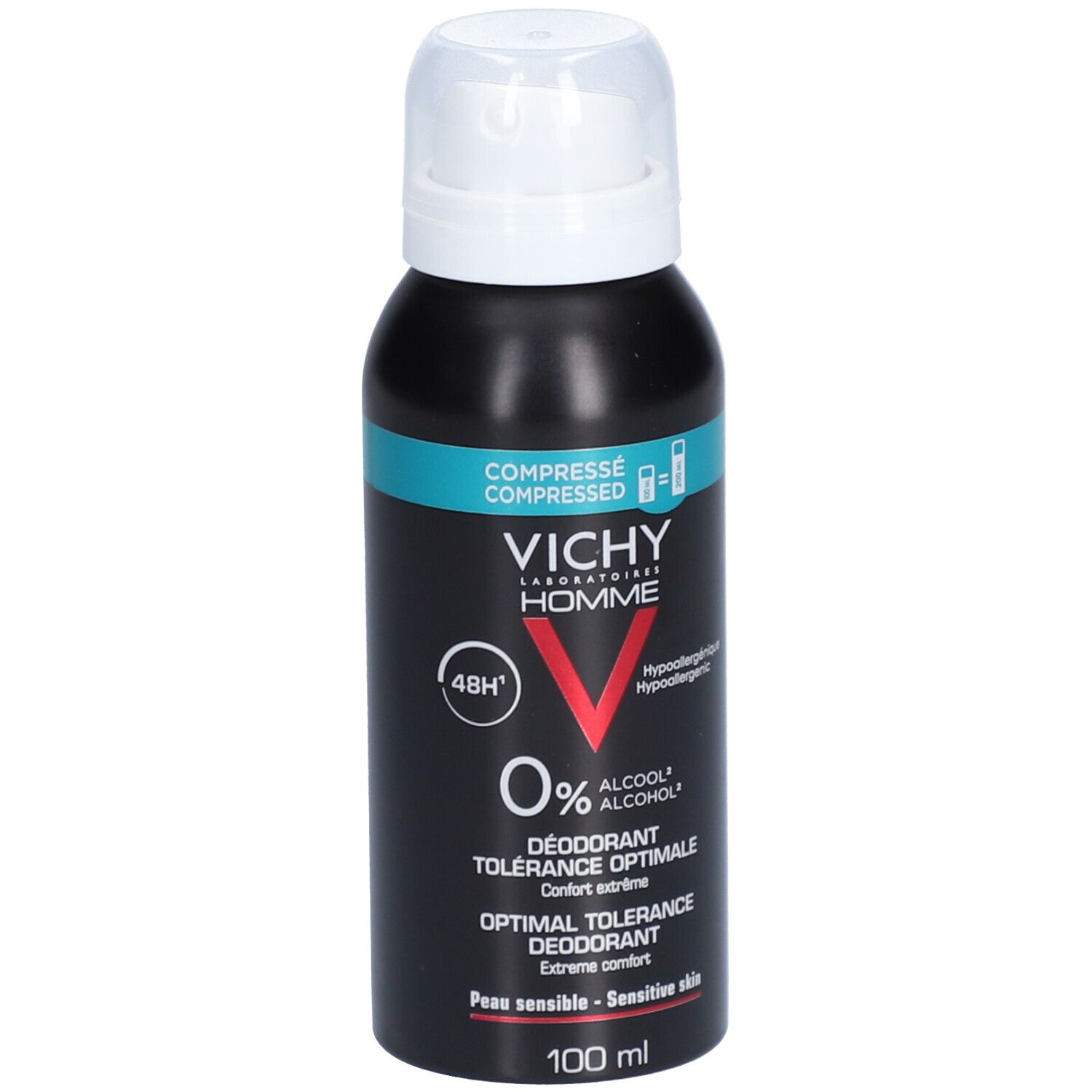 Zwarte deodorant sprayfles, witte sproeikop. Tekst: Vichy Homme, 48H, 0% alcohol. Voor gevoelige huid.