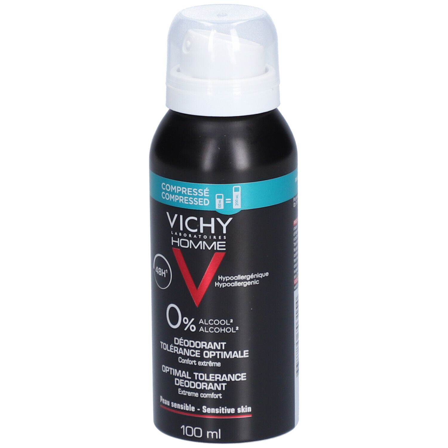 Zwarte deodorant sprayfles, witte sproeikop. Tekst: Vichy Homme, 48H, 0% alcohol. Voor gevoelige huid.
