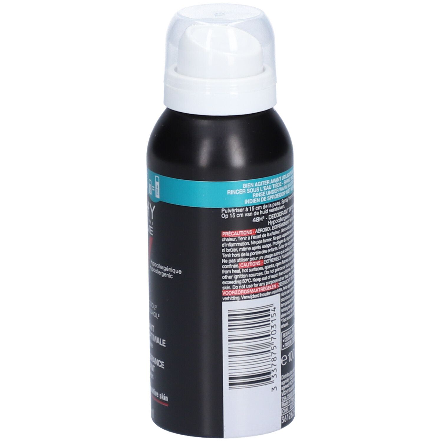 Achterkant van de deodorant sprayfles. Tekst en waarschuwingen in meerdere talen. Ingrediënten en fabrikantinfo.