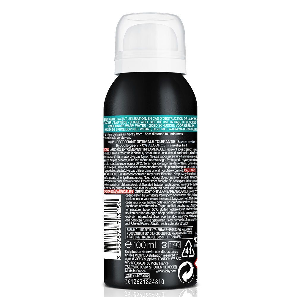 Achterkant van de deodorant sprayfles. Tekst en waarschuwingen in meerdere talen. Ingrediënten en fabrikantinfo.