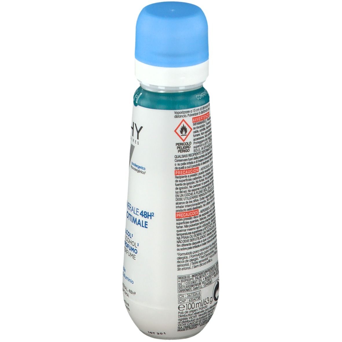 Déodorant spray avec bouchon bleu. Inscription: VICHY, Mineral 48H. Dos avec avertissements et ingrédients.