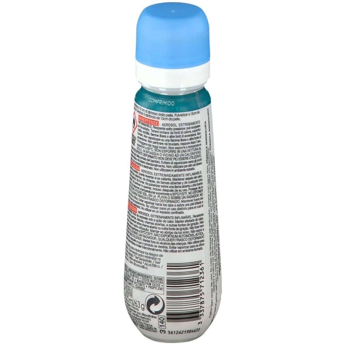 Déodorant spray avec bouchon bleu. Dos avec avertissements et ingrédients. Inscription: VICHY, Mineral 48H.