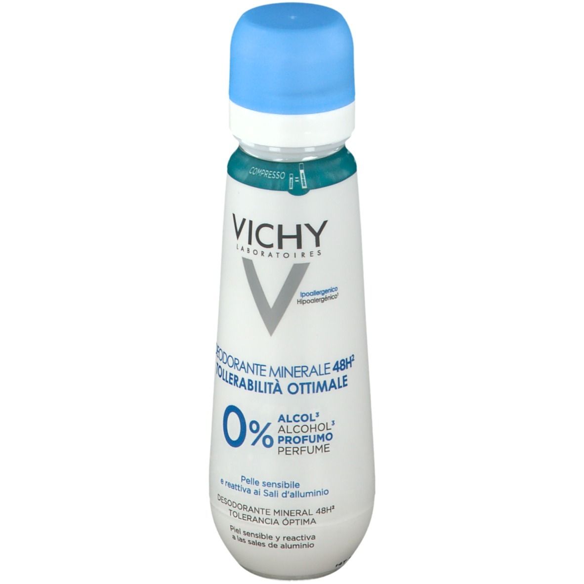 Déodorant spray avec bouchon bleu. Inscription: VICHY, Mineral 48H, 0% alcool, parfum. Pour peaux sensibles.