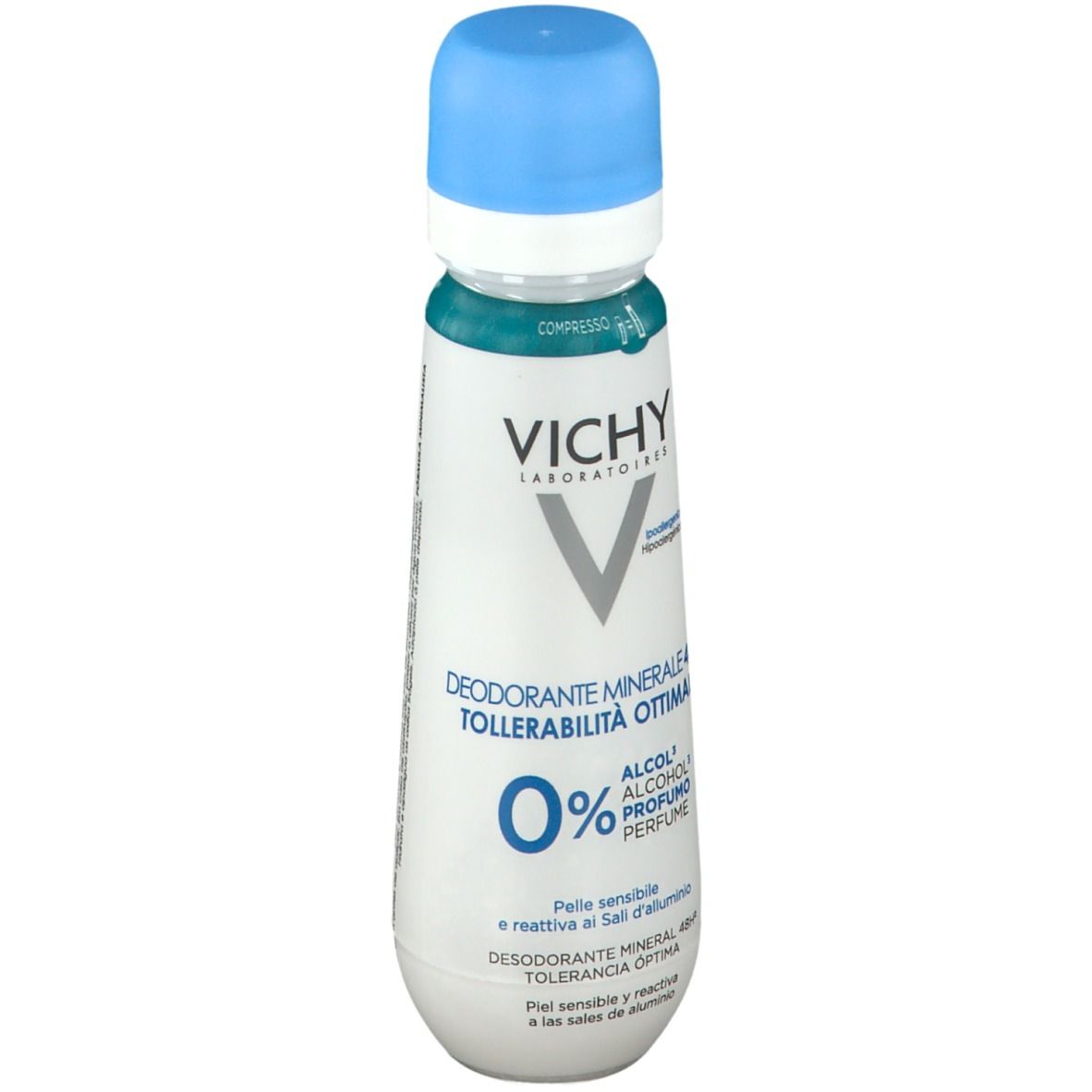 Déodorant spray avec bouchon bleu. Inscription: VICHY, Mineral 48H, 0% alcool, parfum. Pour peaux sensibles.