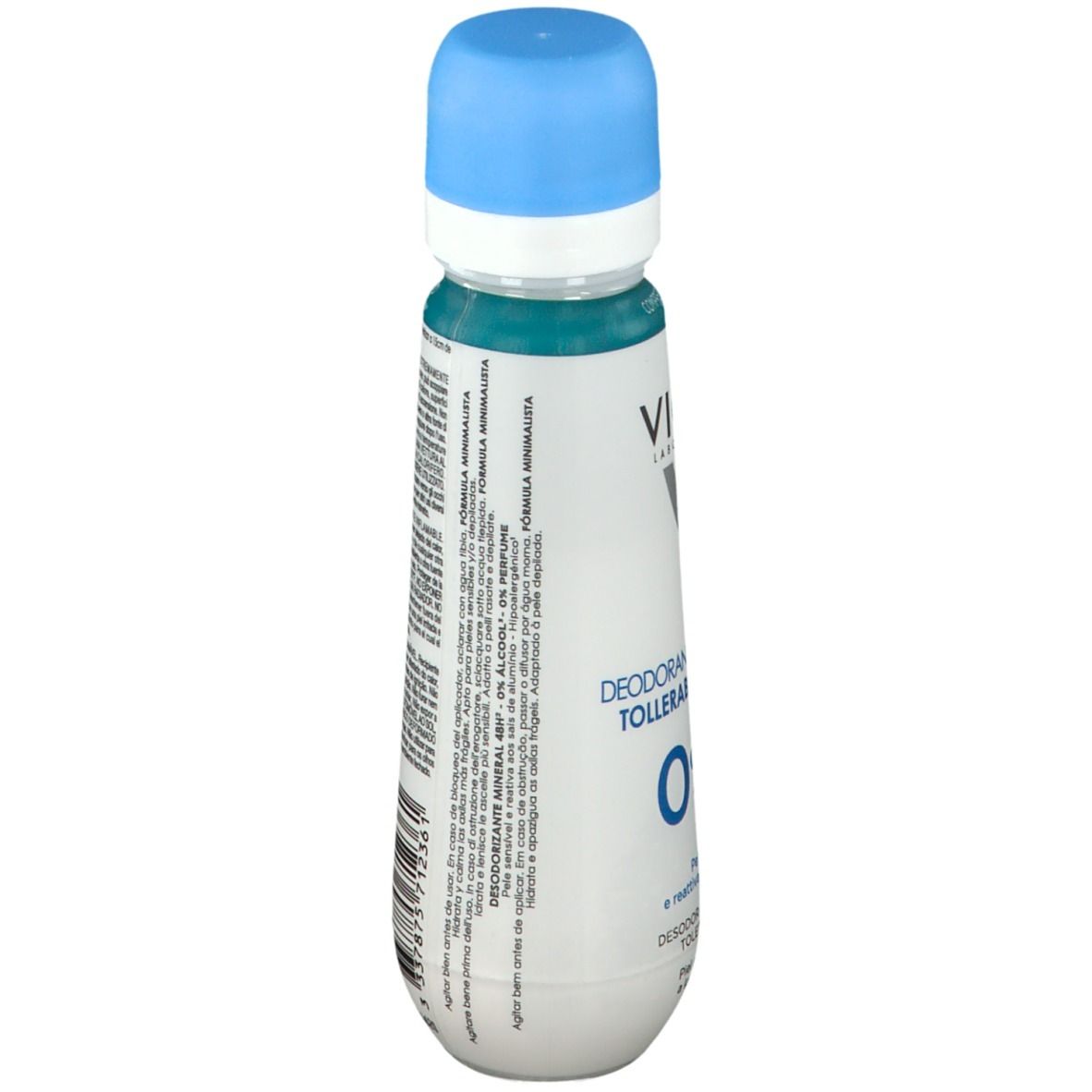 Déodorant spray avec bouchon bleu. Inscription: VICHY, Mineral 48H, 0% alcool, parfum. Pour peaux sensibles.