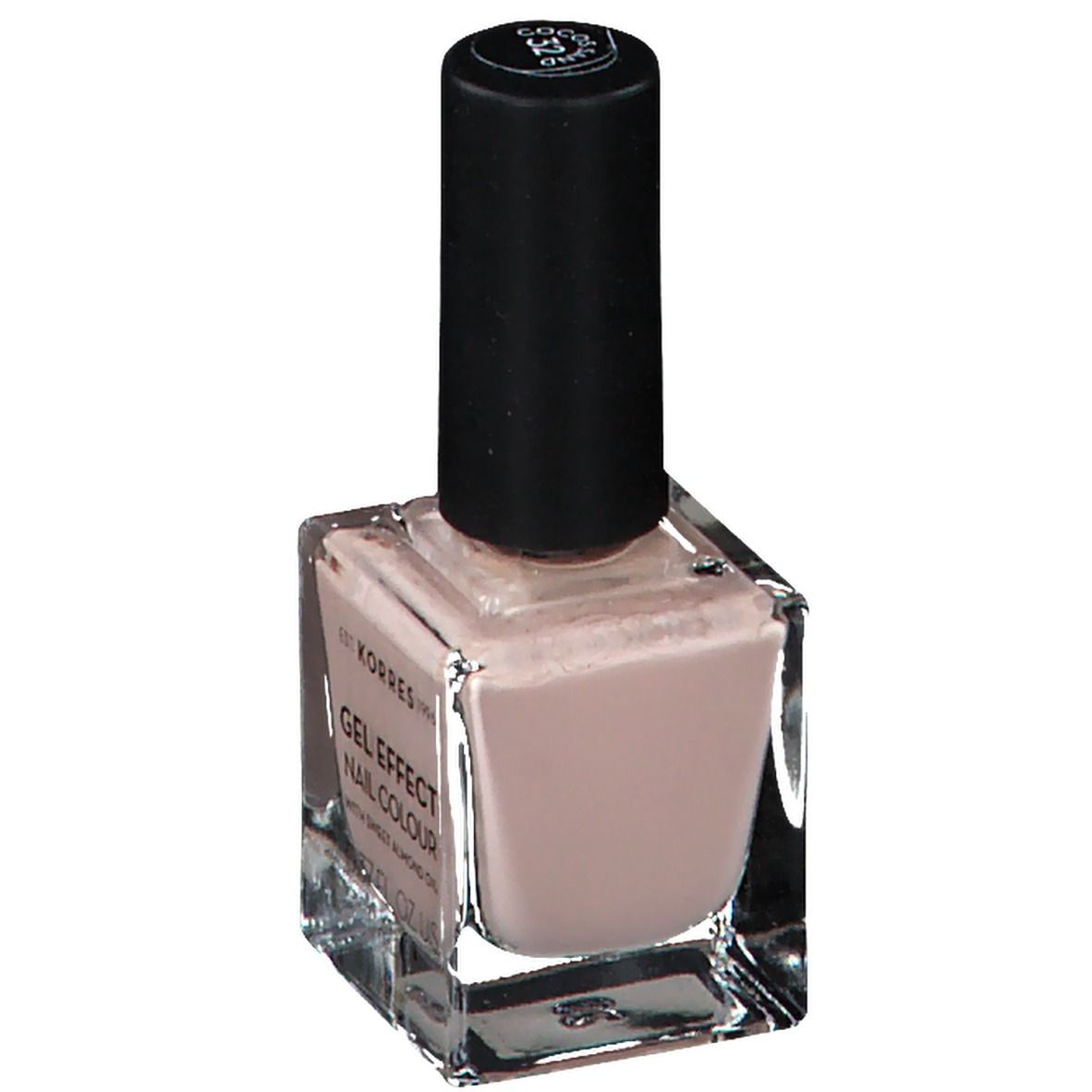 Vernis à ongles Korres Gel Effect. Flacon avec bouchon noir. Couleur beige clair. Inscription : Gel Effect Nail Colour. Numéro 326.
