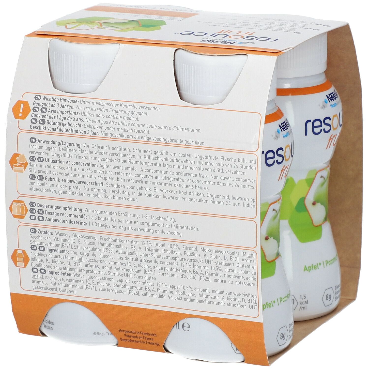 Achterkant van de verpakking van Resource Fruit Appel. Meertalige tekst. Bevat informatie over ingrediënten en gebruik.