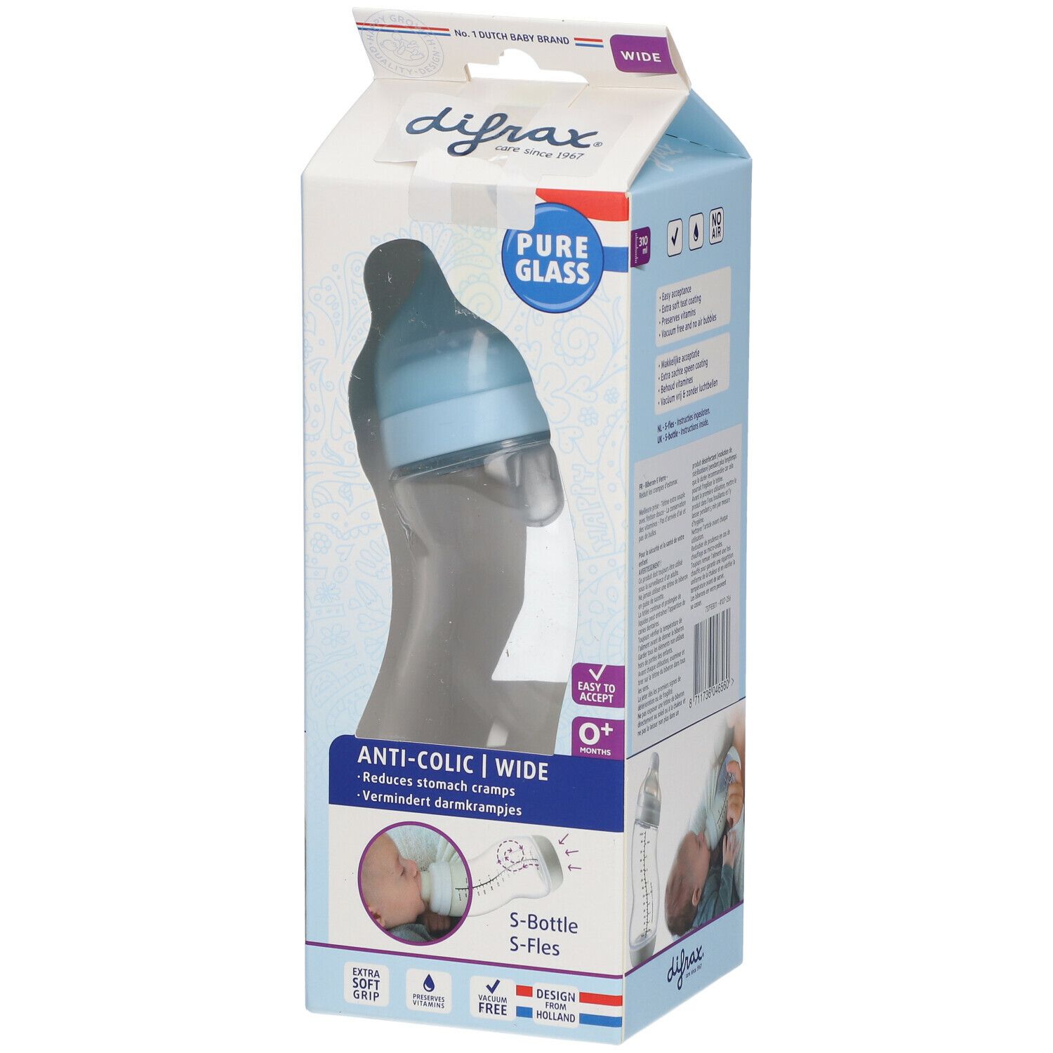 Biberon bleu et transparent dans son emballage. Inscription "Anti-colic". Emballage avec informations produit.